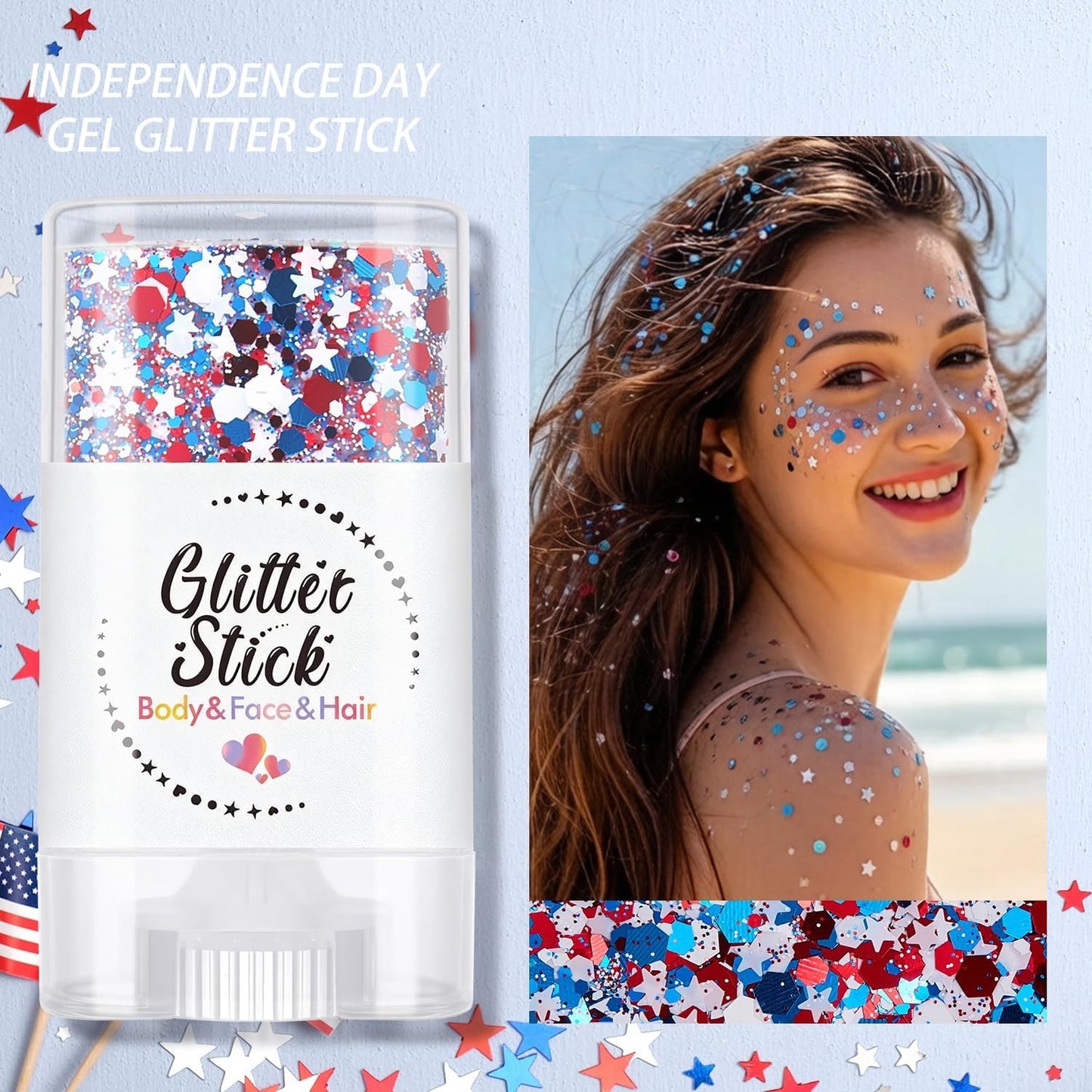 🔥LAST DAY -BUY 2 GET 2 FREE-$9.99 EACH🎁Red, White & Blue Glitter Body Stick