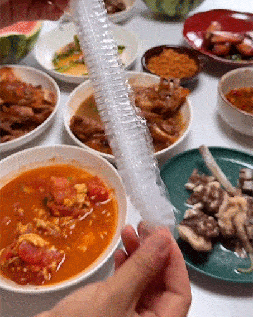 Stretchable disposable food covers being opened and shown around different dishes