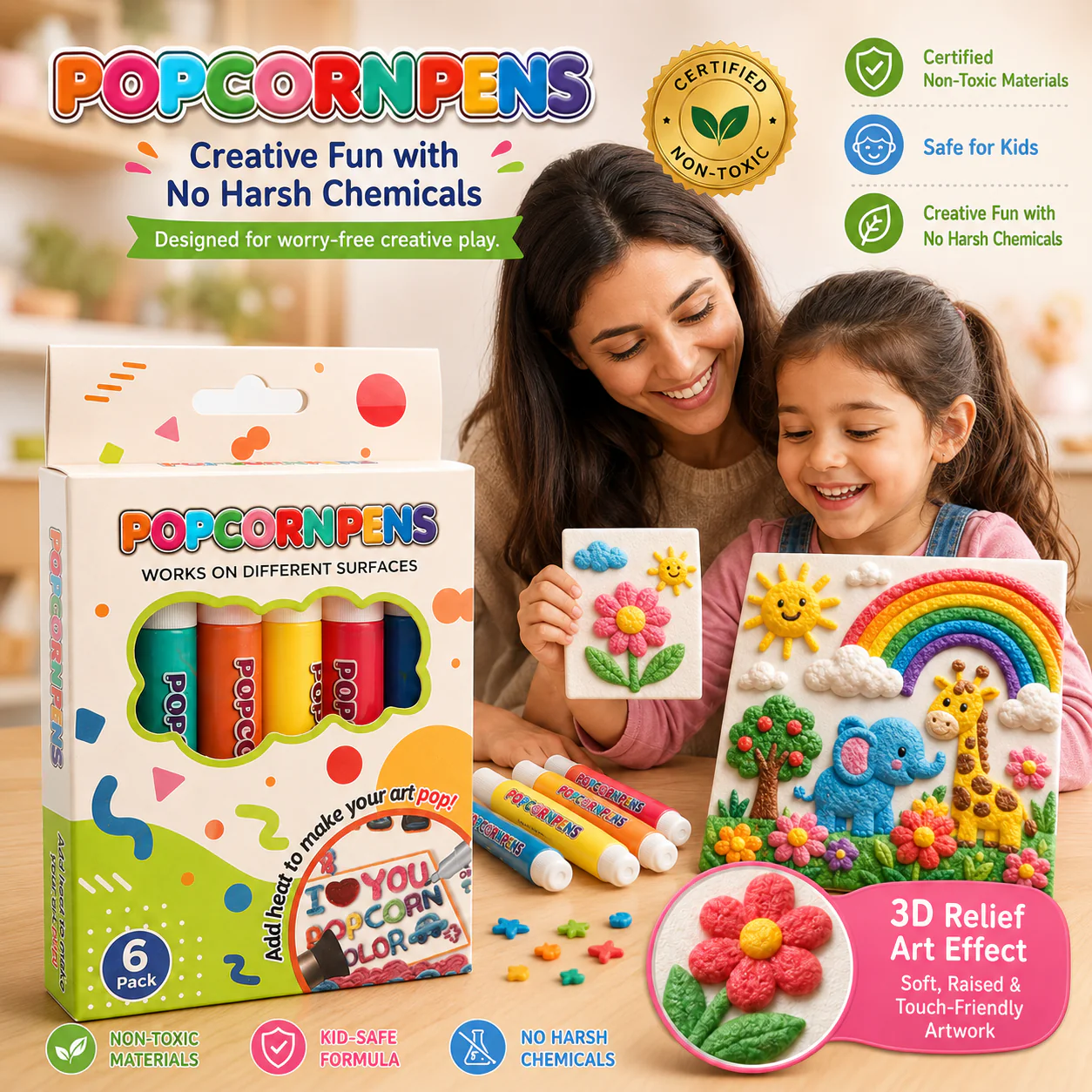 Popcorn Pens six-color 3D relief art set with colorful raised artwork