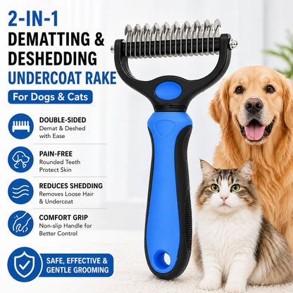 🔥LAST DAY -BUY 1 GET 1 FREE-$11.5 EACH🎁Double-Sided Pet Dematting Rake – Undercoat Grooming Tool for Long-Haired Dogs & Cats