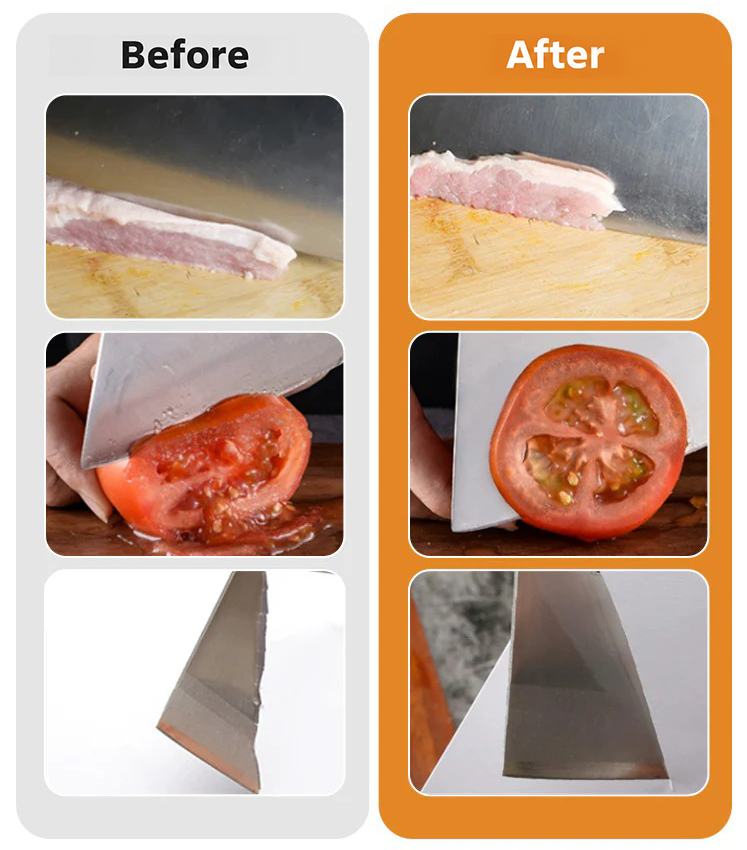 Before and after comparison of dull and sharpened blades