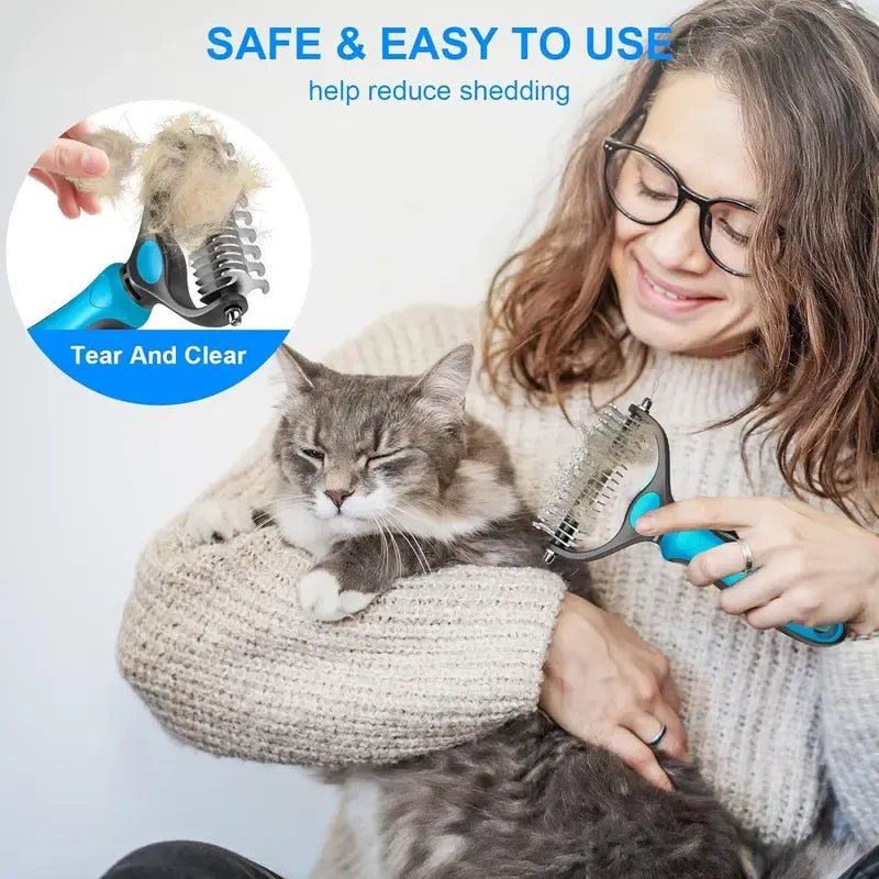 Pet owner gently using the double-sided grooming brush on a cat