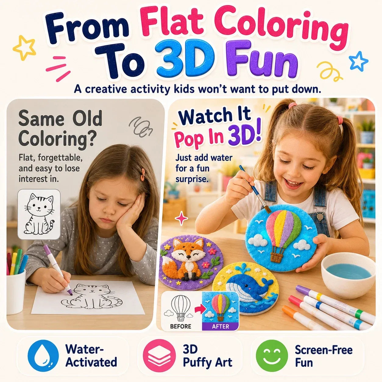 From flat coloring to colorful 3D puffy art