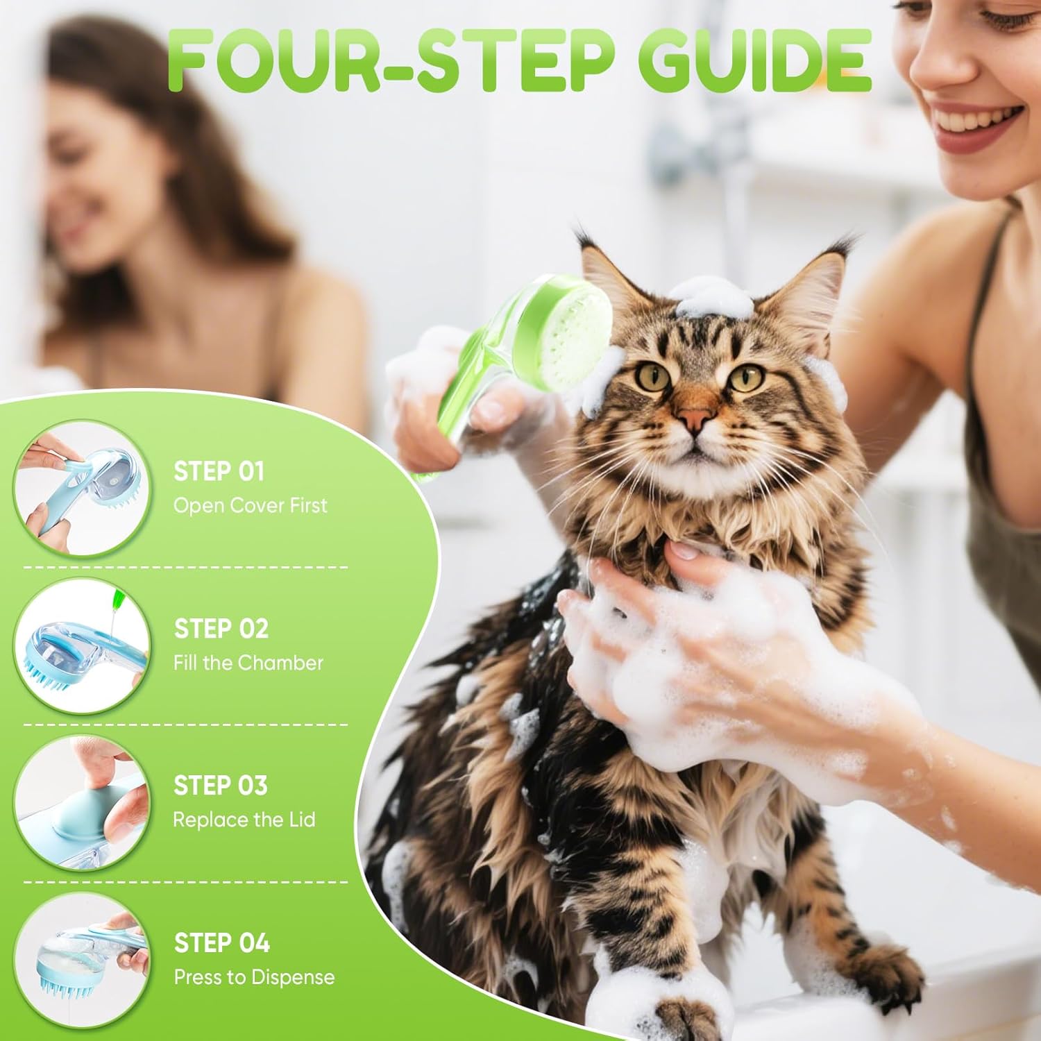 Four-step guide showing how to fill and use the pet bath brush