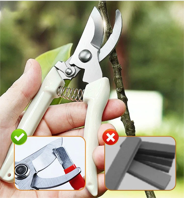 Portable blade sharpener being used with garden shears