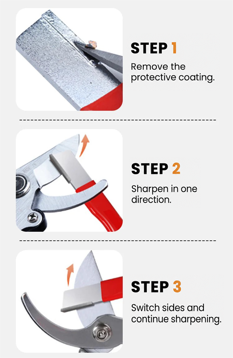 Three steps showing how to use the handheld blade sharpener
