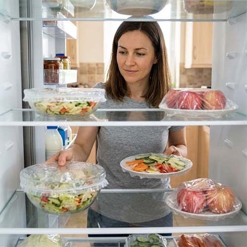Transparent stretch food covers used on bowls and plates inside a refrigerator