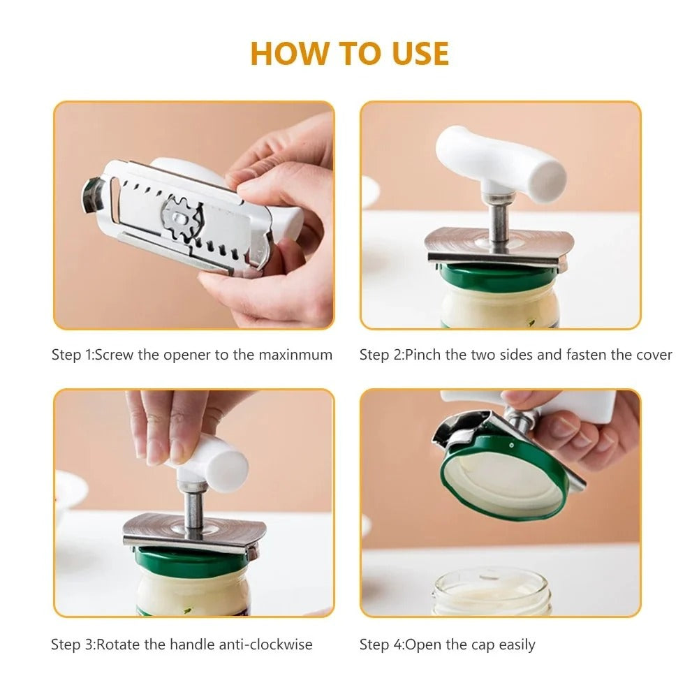Four steps showing how to use the adjustable jar opener