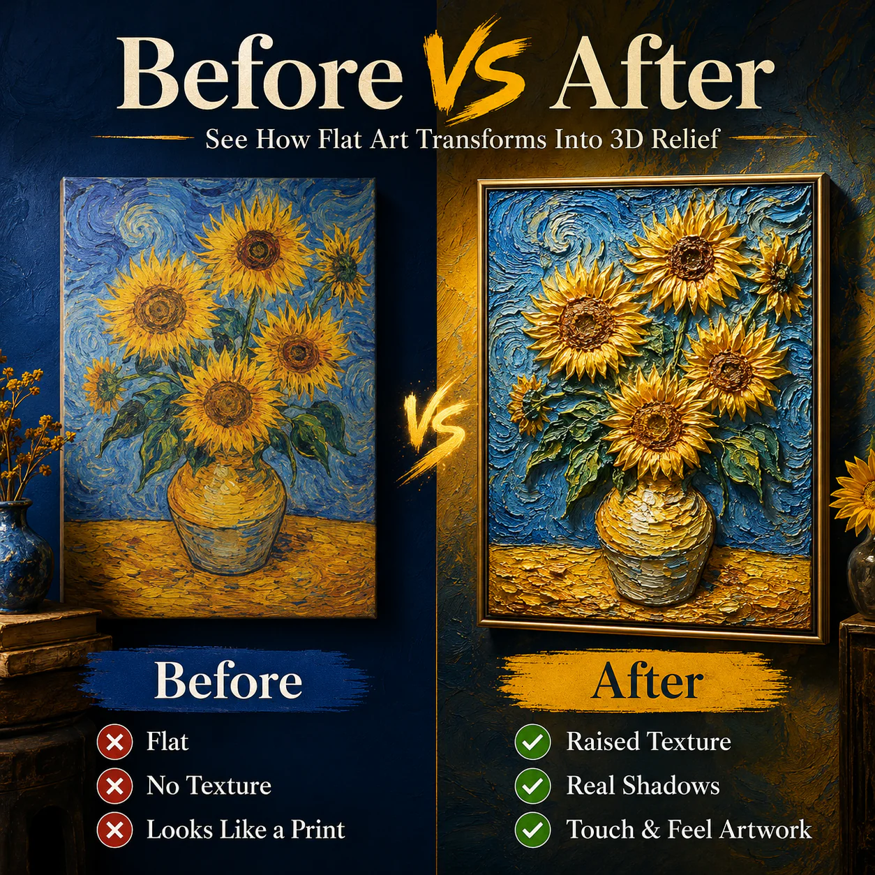 Before and after comparison of flat artwork and raised 3D relief artwork