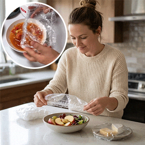 Disposable stretch food cover being pulled over a bowl in a home kitchen