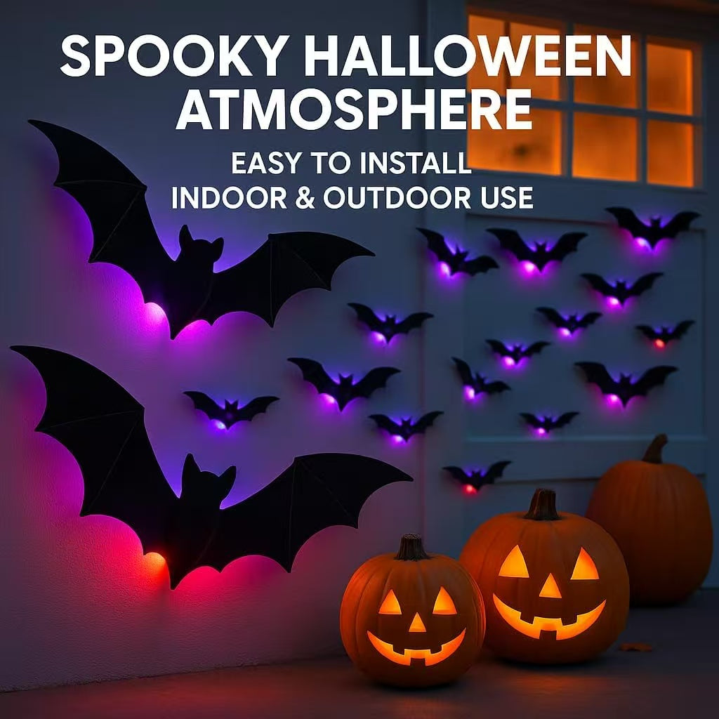 Glowing bat and spider decorations creating a spooky Halloween atmosphere