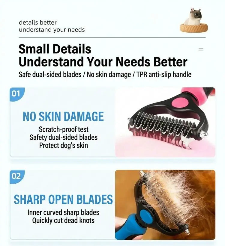 🔥LAST DAY -BUY 1 GET 1 FREE-$11.5 EACH🎁Double-Sided Pet Dematting Rake – Undercoat Grooming Tool for Long-Haired Dogs & Cats