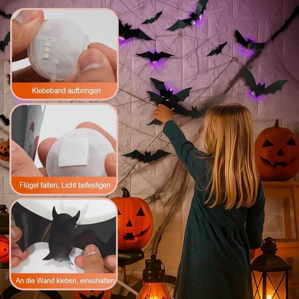 Three-step installation of LED bat and spider wall decorations