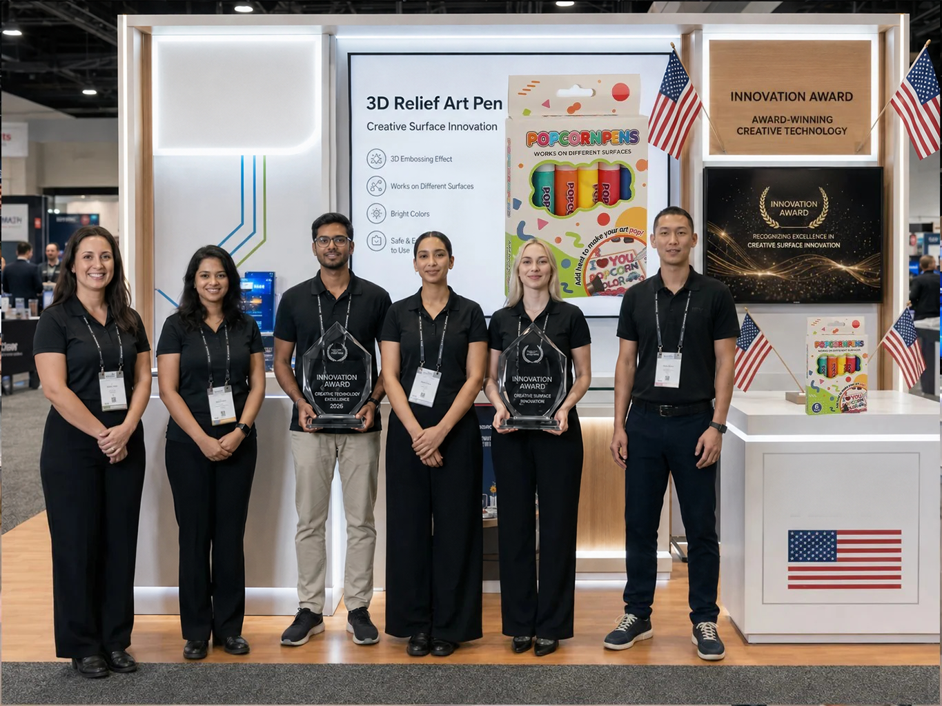 Popcorn Pens product team presenting at an exhibition