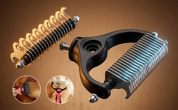 Close-up showing both sides of the double-sided pet brush