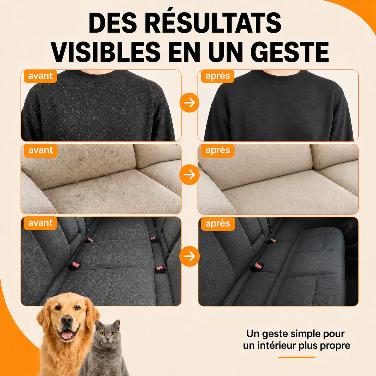 Before and after pet hair removal results on clothing sofa and car seat