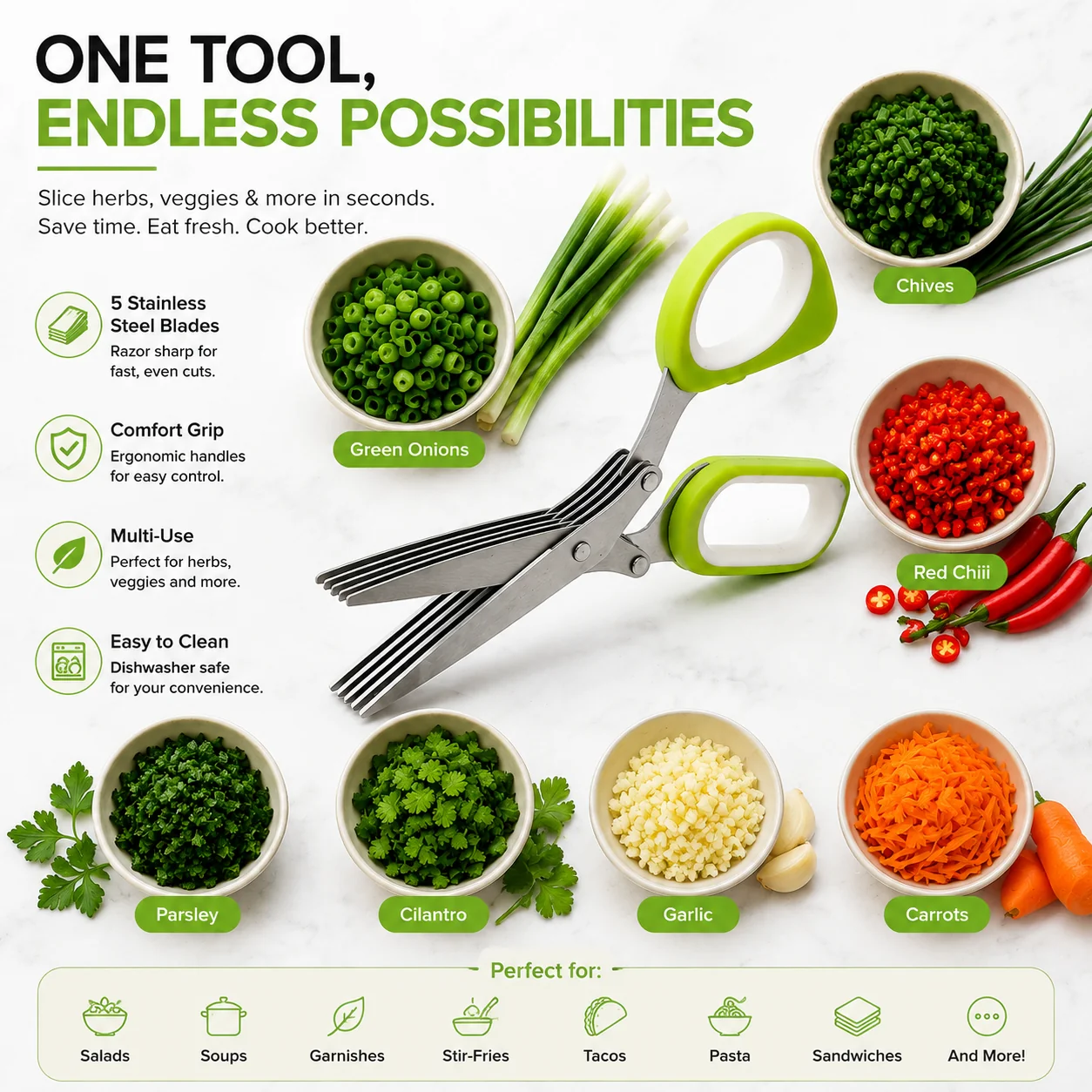 Five blade herb scissors with multiple herbs and vegetables