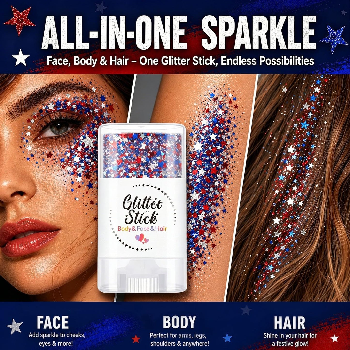 🔥LAST DAY -BUY 2 GET 2 FREE-$9.99 EACH🎁Red, White & Blue Glitter Body Stick