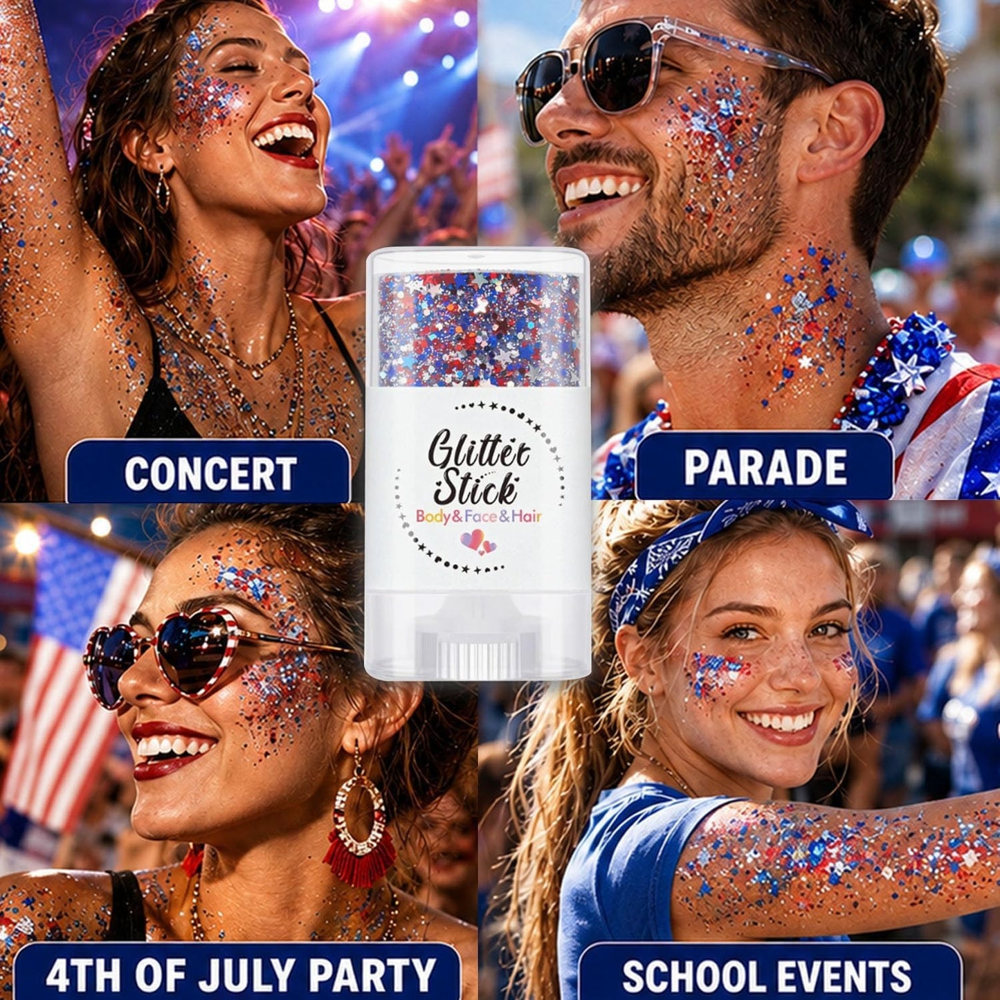 🔥LAST DAY -BUY 2 GET 2 FREE-$9.99 EACH🎁Red, White & Blue Glitter Body Stick