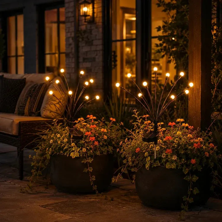 Solar firefly garden lights glowing in flower pots at night